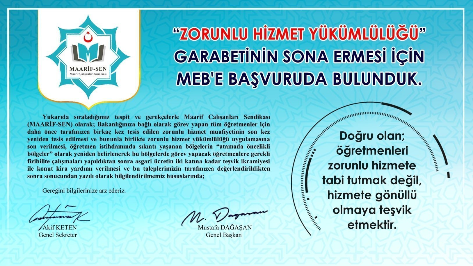 Maarif-sen zorunlu hizmetin kaldırılması için meb’e başvurdu.